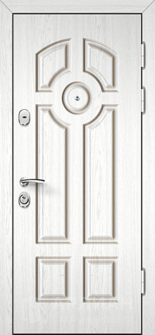 Фото «Входная железная дверь с белым цветом внешней панели и глубокой фрезеровкой на панели №13»